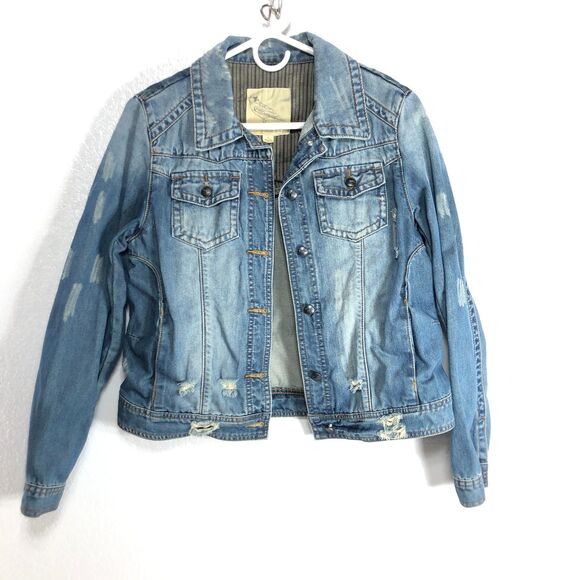White Crow Distressed Denim Jean Jacket Fade Stars Stripes Womens Size Medium - Picture 1 of 13